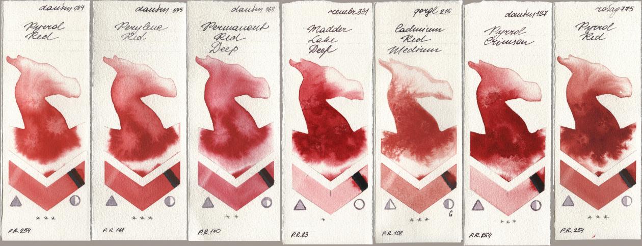 Daniel Smith 084 Pyrrol Red, 075 Perylene Red, 069 Permanent Red Deep, Royal Talens Rembrandt Watercolour 331 Madder Lake Deep, Golden QOR 215 Cadmium Red Medium, 127 Pyrrol Crimson, Rosa Gallery 775 Pyrrole R watercolor swatch