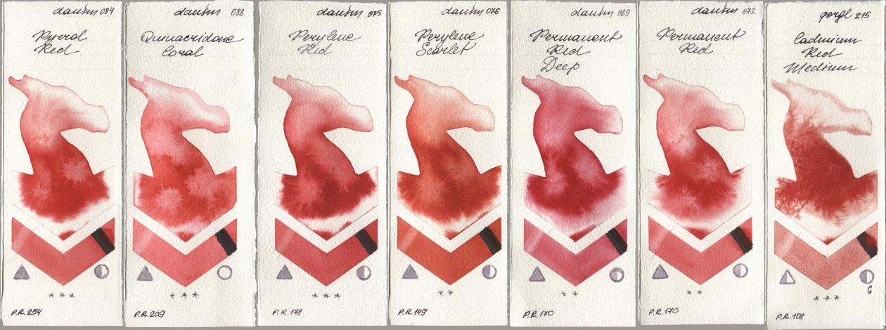 Daniel Smith 084 Pyrrol Red, 088 Quinacridone Coral, 075 Perylene Red, 076 Perylene Scarlet, 069 Permanent Red Deep, 072 Permanent Red, Golden QOR 215 Cadmium Red Medi watercolor swatch