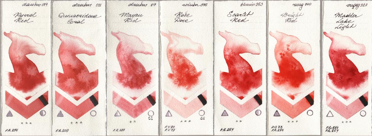 Daniel Smith 084 Pyrrol Red, 088 Quinacridone Coral, 217 Mayan Red, Winsor & Newton Professional 576 Rose Dore, Shminke Horadam Aquarell 363 Scarlet Red, Rosa Gallery 740 Bright Red, Royal Talens Van Gogh Watercolour 327 Madder Lake Lig watercolor swatch