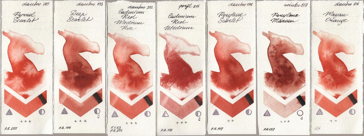 Daniel Smith 085 Pyrrol Scarlet, 033 Deep Scarlet, 222 Cadmium Red Medium Hue, Golden QOR 215 Cadmium Red Medium, 076 Perylene Scarlet, Winsor & Newton Professional 507 Perylene Maroon, 216 Mayan Oran watercolor swatch