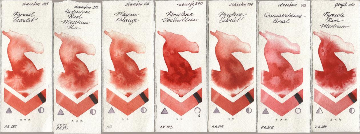 Daniel Smith 085 Pyrrol Scarlet, 222 Cadmium Red Medium Hue, 216 Mayan Orange, Roman Szmal Aquarius 370 Perylene Vermillion, 076 Perylene Scarlet, 088 Quinacridone Coral, Golden QOR 210 Pyrrole Red Medi watercolor swatch