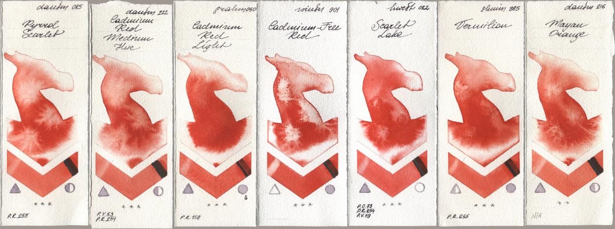 Daniel Smith 085 Pyrrol Scarlet, 222 Cadmium Red Medium Hue, M. Graham & Co. Artists 050 Cadmium Red Light, Winsor & Newton Professional 901 Cadmium-Free Red, Holbein Artists Watercolor 022 Scarlet Lake, Shminke Horadam Aquarell 365 Vermilion, 216 Mayan Oran watercolor swatch