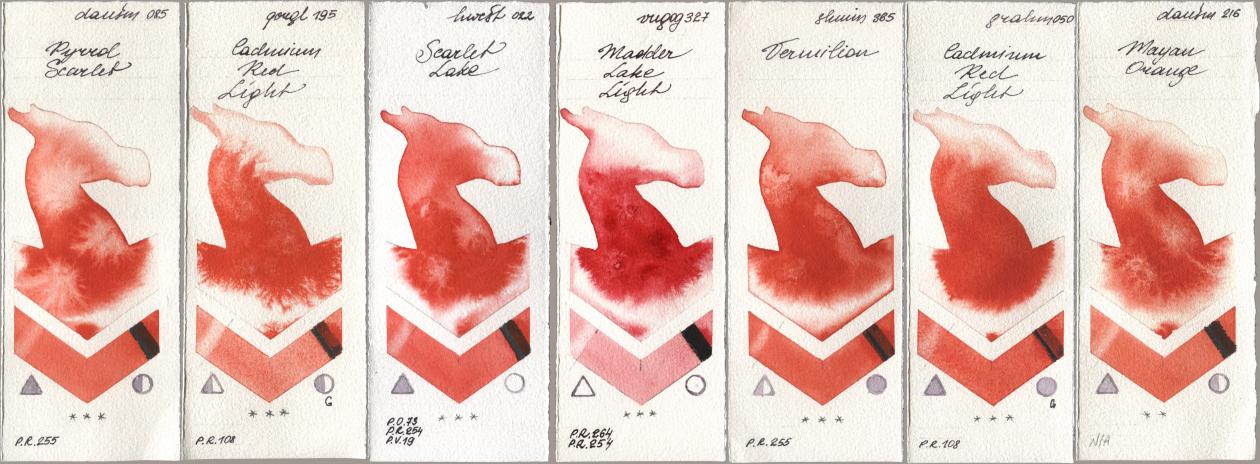 Daniel Smith 085 Pyrrol Scarlet, Golden QOR 195 Cadmium Red Light, Holbein Artists Watercolor 022 Scarlet Lake, Royal Talens Van Gogh Watercolour 327 Madder Lake Light, Shminke Horadam Aquarell 365 Vermilion, M. Graham & Co. Artists 050 Cadmium Red Light, 216 Mayan Oran watercolor swatch