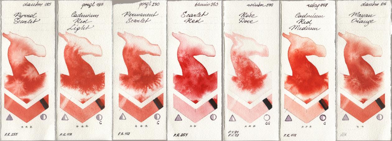 Daniel Smith 085 Pyrrol Scarlet, Golden QOR 195 Cadmium Red Light, 230 Permanent Scarlet, Shminke Horadam Aquarell 363 Scarlet Red, Winsor & Newton Professional 576 Rose Dore, Rosa Gallery 707 Cadmium Red Medium, 216 Mayan Oran watercolor swatch