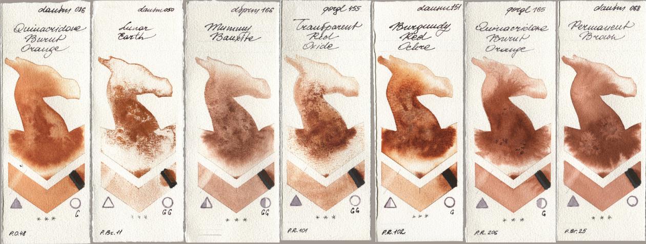 Daniel Smith 086 Quinacridone Burnt Orange, 050 Lunar Earth, 166 Mummy Bauxite, Golden QOR 455 Transparent Red Oxide, 151 Burgundy Red Ochre, 165 Quinacridone Burnt Orange, 068 Permanent Bro watercolor swatch