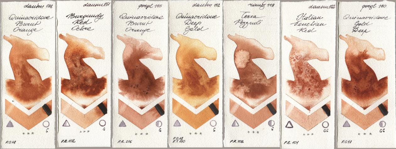 Daniel Smith 086 Quinacridone Burnt Orange, 151 Burgundy Red Ochre, Golden QOR 165 Quinacridone Burnt Orange, 152 Quinacridone Deep Gold, Roman Szmal Aquarius 119 Terra Pozzuoli, 122 Italian Venetian Red, 160 Quinacridone Gold De watercolor swatch