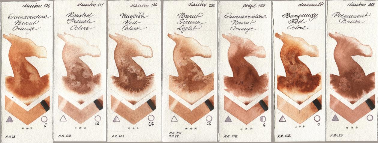 Daniel Smith 086 Quinacridone Burnt Orange, 171 Roasted French Ochre, 136 English Red Ochre, 230 Burnt Sienna Light, Golden QOR 165 Quinacridone Burnt Orange, 151 Burgundy Red Ochre, 068 Permanent Bro watercolor swatch