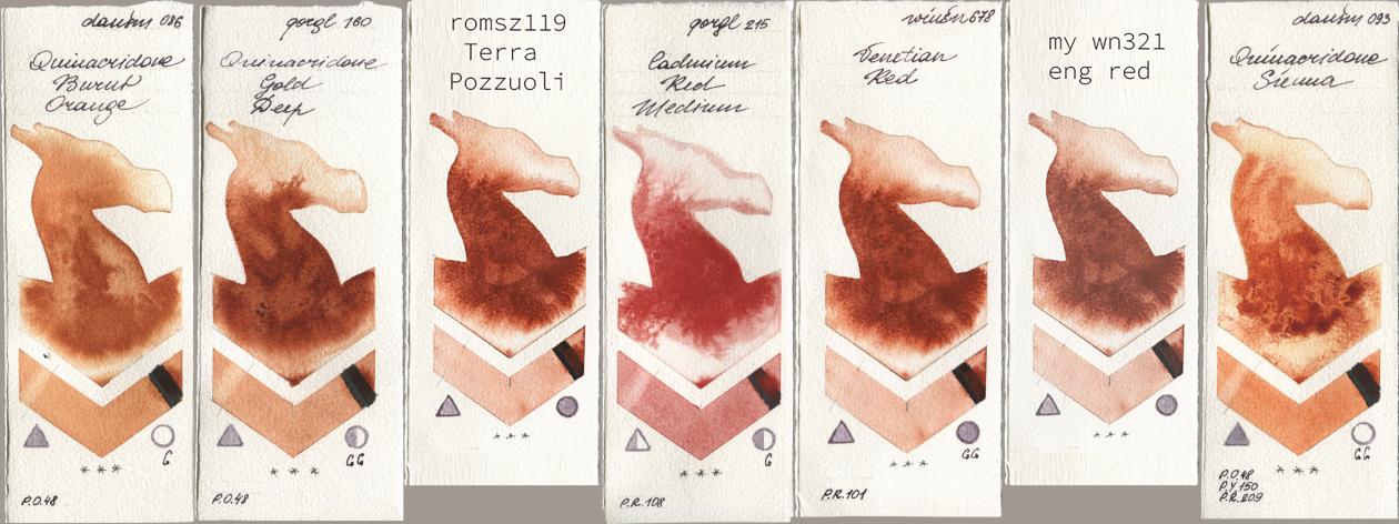 Daniel Smith 086 Quinacridone Burnt Orange, Golden QOR 160 Quinacridone Gold Deep, my 119 pozzuoli, 215 Cadmium Red Medium, Winsor & Newton Professional 678 Venetian Red, 034 eng red, 093 Quinacridone Sien watercolor swatch