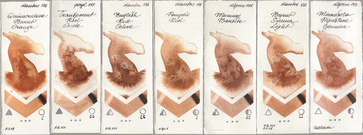 Daniel Smith 086 Quinacridone Burnt Orange, Golden QOR 455 Transparent Red Oxide, 136 English Red Ochre, 116 Pompeii Red, 166 Mummy Bauxite, 230 Burnt Sienna Light, 143 Minnesota Pipestone Genui watercolor swatch