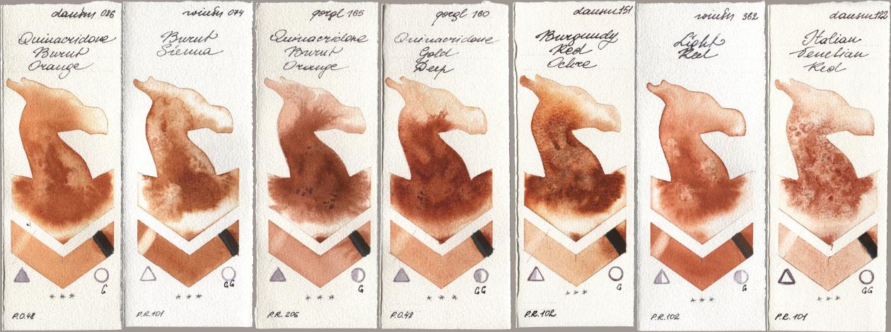 Daniel Smith 086 Quinacridone Burnt Orange, Winsor & Newton Professional 074 Burnt Sienna, Golden QOR 165 Quinacridone Burnt Orange, 160 Quinacridone Gold Deep, 151 Burgundy Red Ochre, 362 Light Red, 122 Italian Venetian R watercolor swatch
