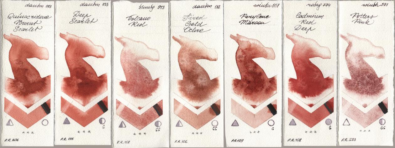Daniel Smith 087 Quinacridone Burnt Scarlet, 033 Deep Scarlet, Shminke Horadam Aquarell 913 Volcano Red, 172 Fired Gold Ochre, Winsor & Newton Professional 507 Perylene Maroon, Rosa Gallery 774 Cadmium Red Deep, 537 Potters Pi watercolor swatch