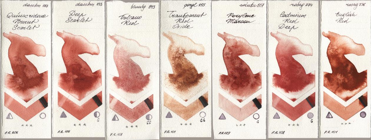 Daniel Smith 087 Quinacridone Burnt Scarlet, 033 Deep Scarlet, Shminke Horadam Aquarell 913 Volcano Red, Golden QOR 455 Transparent Red Oxide, Winsor & Newton Professional 507 Perylene Maroon, Rosa Gallery 774 Cadmium Red Deep, 736 English R watercolor swatch
