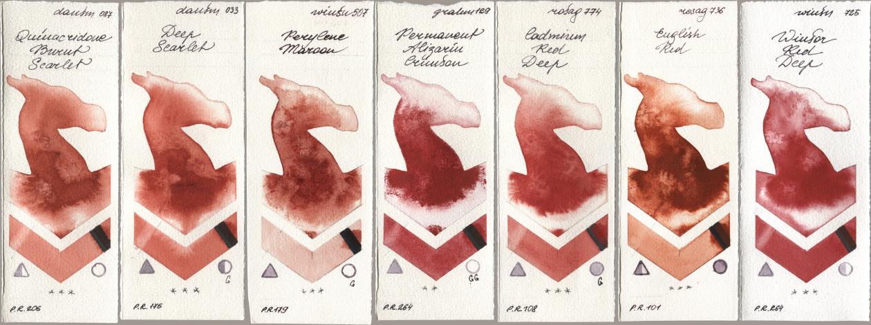 Daniel Smith 087 Quinacridone Burnt Scarlet, 033 Deep Scarlet, Winsor & Newton Professional 507 Perylene Maroon, M. Graham & Co. Artists 129 Permanent Alizarin Crimson, Rosa Gallery 774 Cadmium Red Deep, 736 English Red, 725 Winsor Red De watercolor swatch