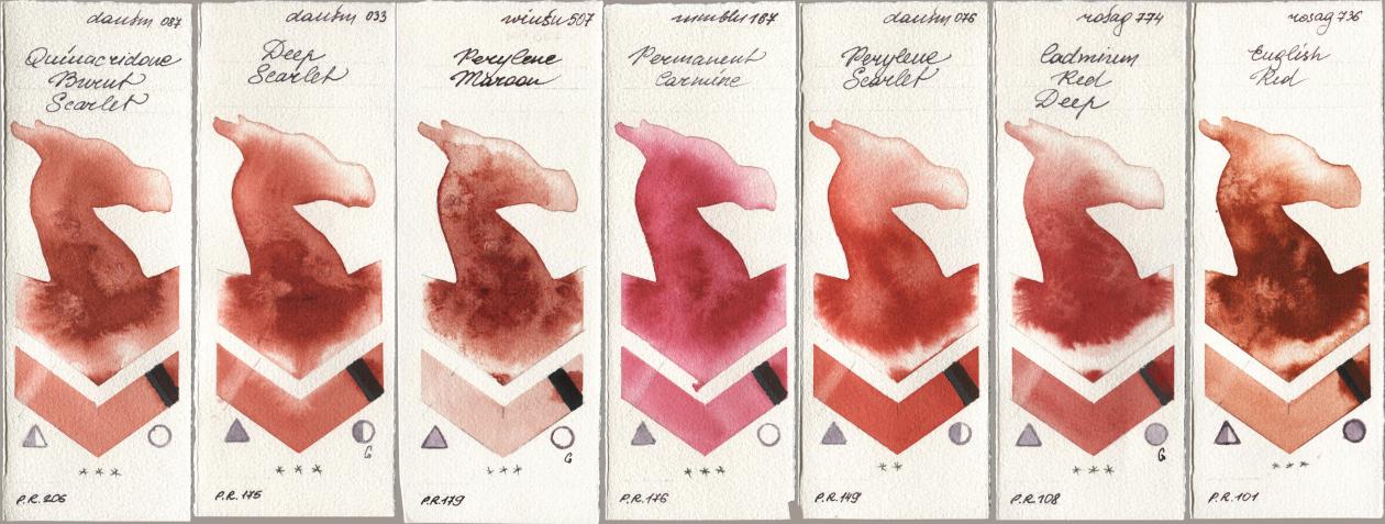 Daniel Smith 087 Quinacridone Burnt Scarlet, 033 Deep Scarlet, Winsor & Newton Professional 507 Perylene Maroon, Maimeri Blu 167 Permanent Carmine, 076 Perylene Scarlet, Rosa Gallery 774 Cadmium Red Deep, 736 English R watercolor swatch
