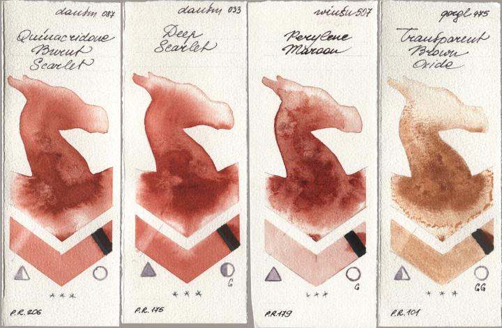 Daniel Smith 087 Quinacridone Burnt Scarlet, 033 Deep Scarlet, Winsor & Newton Professional 507 Perylene Maroon, Golden QOR 475 Transparent Brown Oxi watercolor swatch