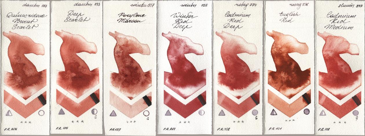 Daniel Smith 087 Quinacridone Burnt Scarlet, 033 Deep Scarlet, Winsor & Newton Professional 507 Perylene Maroon, 725 Winsor Red Deep, Rosa Gallery 774 Cadmium Red Deep, 736 English Red, Shminke Horadam Aquarell 347 Cadmium Red Medi watercolor swatch