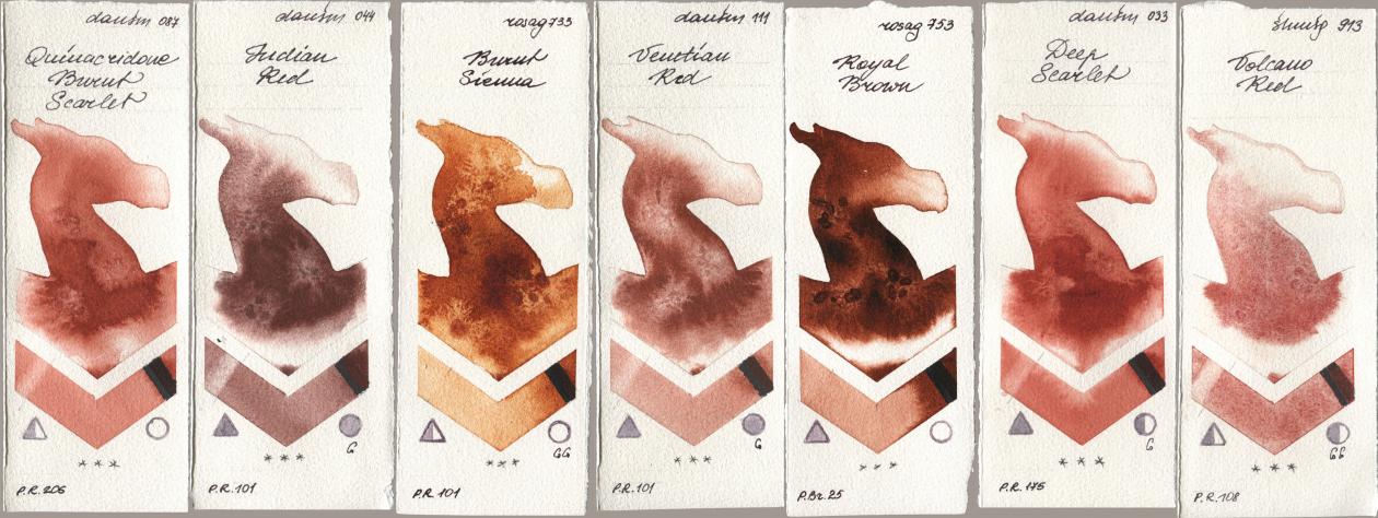 Daniel Smith 087 Quinacridone Burnt Scarlet, 044 Indian Red, Rosa Gallery 733 Burnt Sienna, 111 Venetian Red, 753 Royal Brown, 033 Deep Scarlet, Shminke Horadam Aquarell 913 Volcano R watercolor swatch