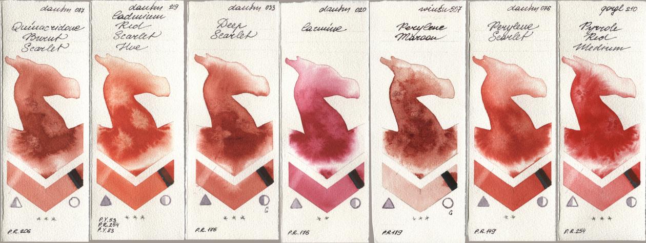 Daniel Smith 087 Quinacridone Burnt Scarlet, 219 Cadmium Red Scarlet Hue, 033 Deep Scarlet, 020 Carmine, Winsor & Newton Professional 507 Perylene Maroon, 076 Perylene Scarlet, Golden QOR 210 Pyrrole Red Medi watercolor swatch
