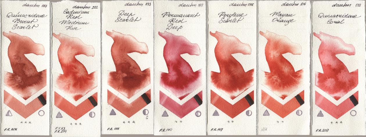 Daniel Smith 087 Quinacridone Burnt Scarlet, 222 Cadmium Red Medium Hue, 033 Deep Scarlet, 069 Permanent Red Deep, 076 Perylene Scarlet, 216 Mayan Orange, 088 Quinacridone Cor watercolor swatch