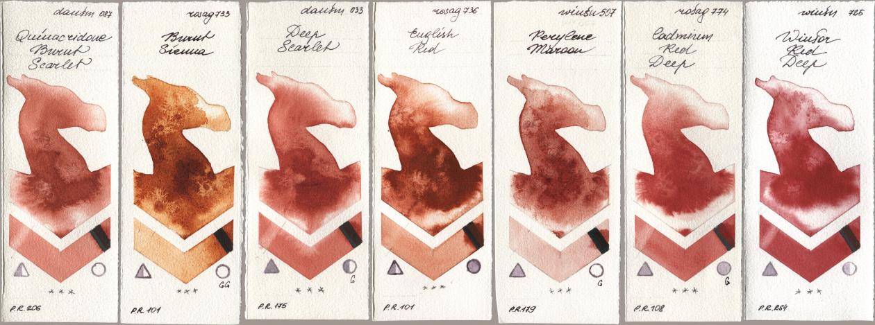 Daniel Smith 087 Quinacridone Burnt Scarlet, Rosa Gallery 733 Burnt Sienna, 033 Deep Scarlet, 736 English Red, Winsor & Newton Professional 507 Perylene Maroon, 774 Cadmium Red Deep, 725 Winsor Red De watercolor swatch