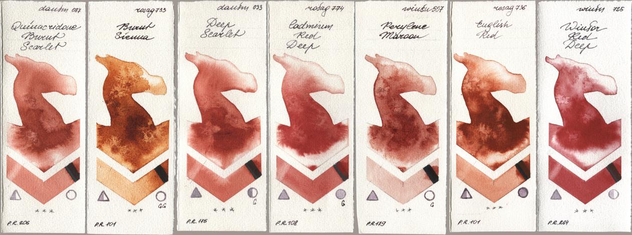 Daniel Smith 087 Quinacridone Burnt Scarlet, Rosa Gallery 733 Burnt Sienna, 033 Deep Scarlet, 774 Cadmium Red Deep, Winsor & Newton Professional 507 Perylene Maroon, 736 English Red, 725 Winsor Red De watercolor swatch