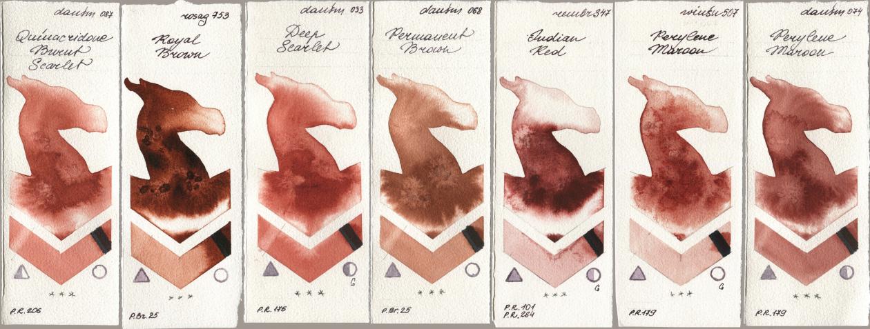 Daniel Smith 087 Quinacridone Burnt Scarlet, Rosa Gallery 753 Royal Brown, 033 Deep Scarlet, 068 Permanent Brown, Royal Talens Rembrandt Watercolour 347 Indian Red, Winsor & Newton Professional 507 Perylene Maroon, 074 Perylene Maro watercolor swatch
