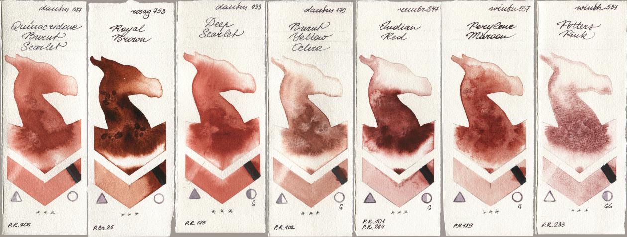 Daniel Smith 087 Quinacridone Burnt Scarlet, Rosa Gallery 753 Royal Brown, 033 Deep Scarlet, 170 Burnt Yellow Ochre, Royal Talens Rembrandt Watercolour 347 Indian Red, Winsor & Newton Professional 507 Perylene Maroon, 537 Potters Pi watercolor swatch