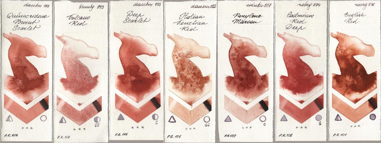 Daniel Smith 087 Quinacridone Burnt Scarlet, Shminke Horadam Aquarell 913 Volcano Red, 033 Deep Scarlet, 122 Italian Venetian Red, Winsor & Newton Professional 507 Perylene Maroon, Rosa Gallery 774 Cadmium Red Deep, 736 English R watercolor swatch