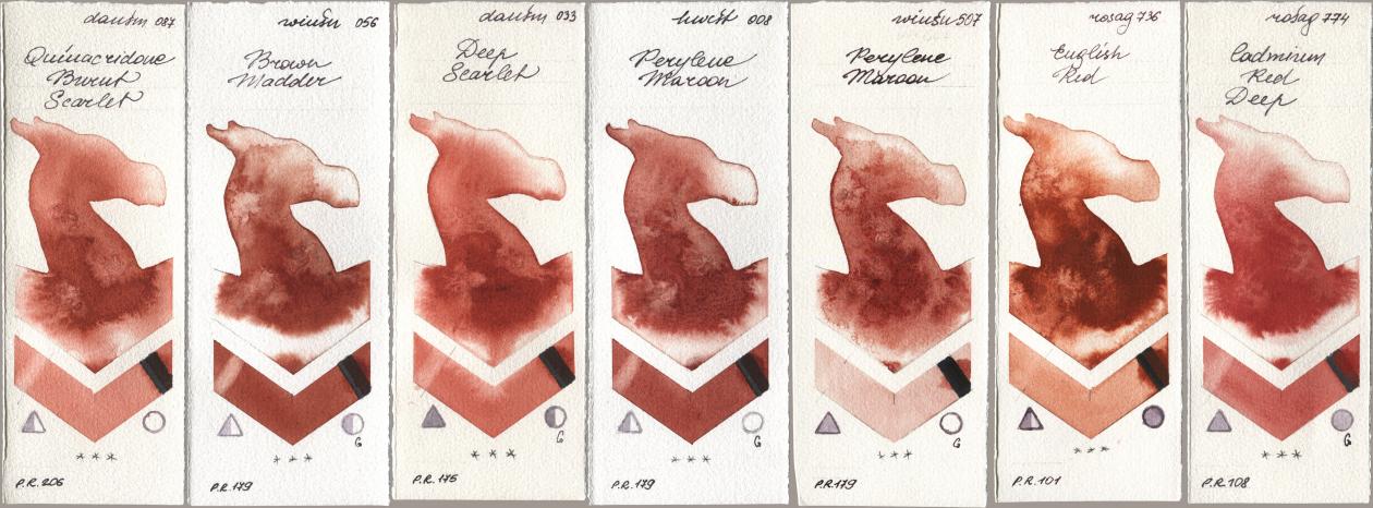 Daniel Smith 087 Quinacridone Burnt Scarlet, Winsor & Newton Professional 056 Brown Madder, 033 Deep Scarlet, Holbein Artists Watercolor 008 Perylene Maroon, 507 Perylene Maroon, Rosa Gallery 736 English Red, 774 Cadmium Red De watercolor swatch