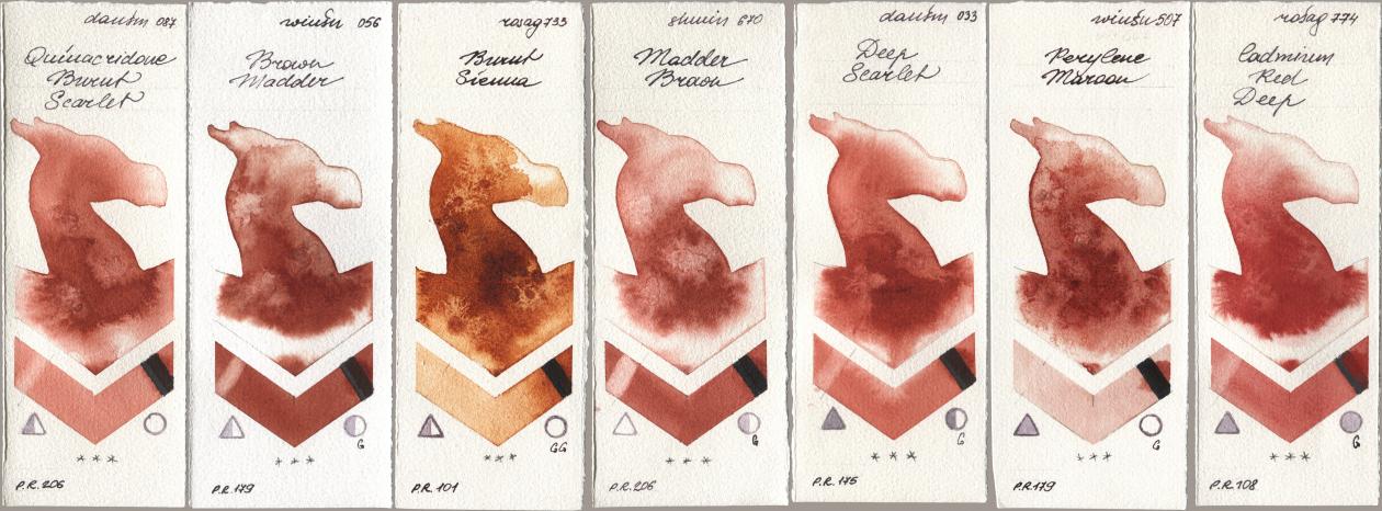 Daniel Smith 087 Quinacridone Burnt Scarlet, Winsor & Newton Professional 056 Brown Madder, Rosa Gallery 733 Burnt Sienna, Shminke Horadam Aquarell 670 Madder Brown, 033 Deep Scarlet, 507 Perylene Maroon, 774 Cadmium Red De watercolor swatch