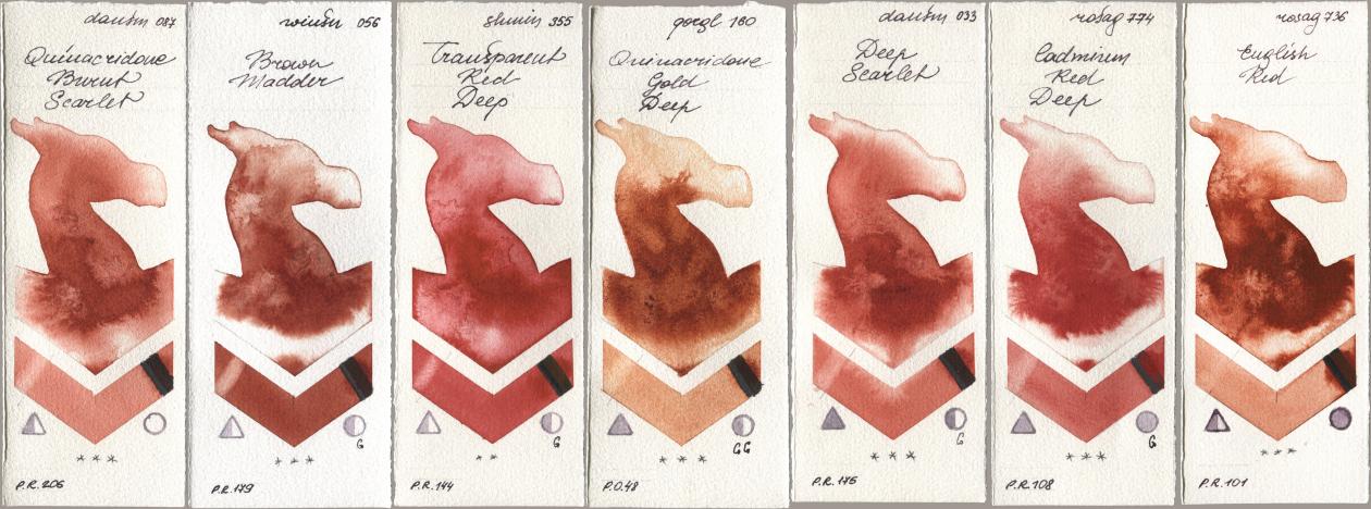 Daniel Smith 087 Quinacridone Burnt Scarlet, Winsor & Newton Professional 056 Brown Madder, Shminke Horadam Aquarell 355 Transparent Red Deep, Golden QOR 160 Quinacridone Gold Deep, 033 Deep Scarlet, Rosa Gallery 774 Cadmium Red Deep, 736 English R watercolor swatch