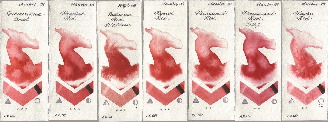 Daniel Smith 088 Quinacridone Coral, 075 Perylene Red, Golden QOR 215 Cadmium Red Medium, 084 Pyrrol Red, 072 Permanent Red, 069 Permanent Red Deep, 217 Mayan R watercolor swatch