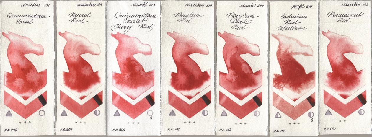 Daniel Smith 088 Quinacridone Coral, 084 Pyrrol Red, Holbein Artists Watercolor 027 Quinacridone Scarlet (Cherry Red), 075 Perylene Red, Shminke Horadam Aquarell 344 Perylene Dark Red, Golden QOR 215 Cadmium Red Medium, 072 Permanent R watercolor swatch