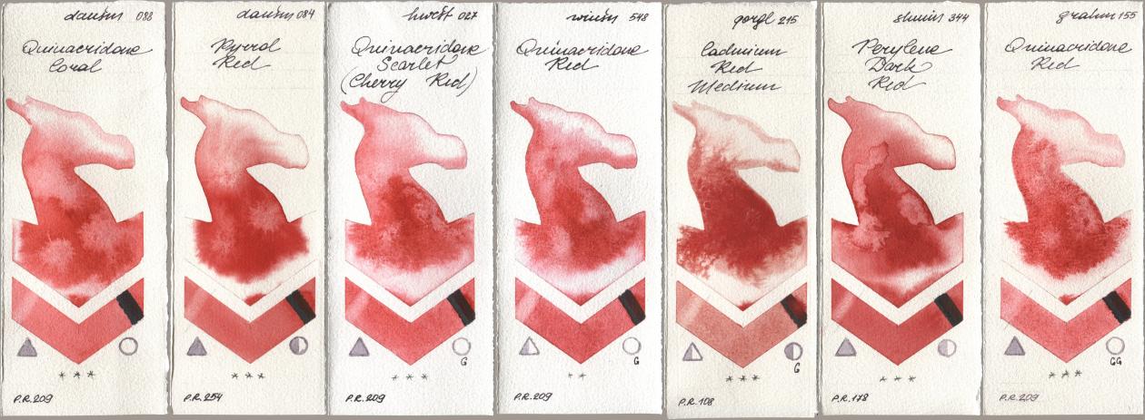 Daniel Smith 088 Quinacridone Coral, 084 Pyrrol Red, Holbein Artists Watercolor 027 Quinacridone Scarlet (Cherry Red), Winsor & Newton Professional 548 Quinacridone Red, Golden QOR 215 Cadmium Red Medium, Shminke Horadam Aquarell 344 Perylene Dark Red, M. Graham & Co. Artists 155 Quinacridone R watercolor swatch