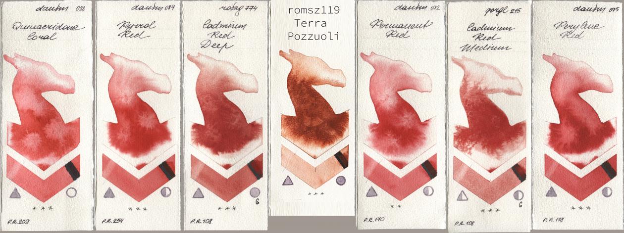 Daniel Smith 088 Quinacridone Coral, 084 Pyrrol Red, Rosa Gallery 774 Cadmium Red Deep, my 119 pozzuoli, 072 Permanent Red, Golden QOR 215 Cadmium Red Medium, 075 Perylene R watercolor swatch