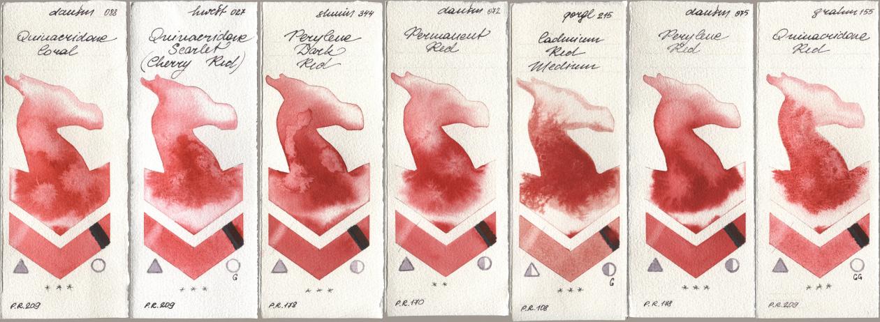 Daniel Smith 088 Quinacridone Coral, Holbein Artists Watercolor 027 Quinacridone Scarlet (Cherry Red), Shminke Horadam Aquarell 344 Perylene Dark Red, 072 Permanent Red, Golden QOR 215 Cadmium Red Medium, 075 Perylene Red, M. Graham & Co. Artists 155 Quinacridone R watercolor swatch