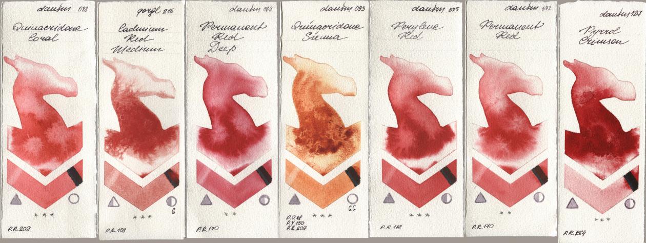 Daniel Smith 088 Quinacridone Coral, Golden QOR 215 Cadmium Red Medium, 069 Permanent Red Deep, 093 Quinacridone Sienna, 075 Perylene Red, 072 Permanent Red, 127 Pyrrol Crims watercolor swatch