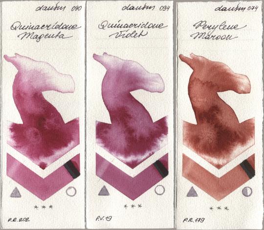 Daniel Smith 090 Quinacridone Magenta, 094 Quinacridone Violet, 074 Perylene Maro watercolor swatch