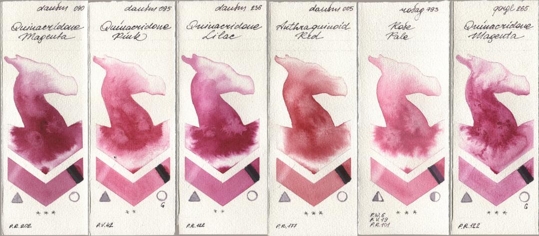 Daniel Smith 090 Quinacridone Magenta, 095 Quinacridone Pink, 236 Quinacridone Lilac, 005 Anthraquinoid Red, Rosa Gallery 793 Rose Pale, Golden QOR 265 Quinacridone Magen watercolor swatch