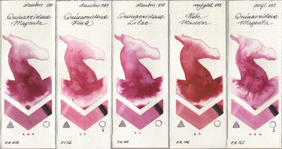 Daniel Smith 090 Quinacridone Magenta, 095 Quinacridone Pink, 236 Quinacridone Lilac, Mijello Mission Gold 513 Rose Madder, Golden QOR 265 Quinacridone Magen watercolor swatch
