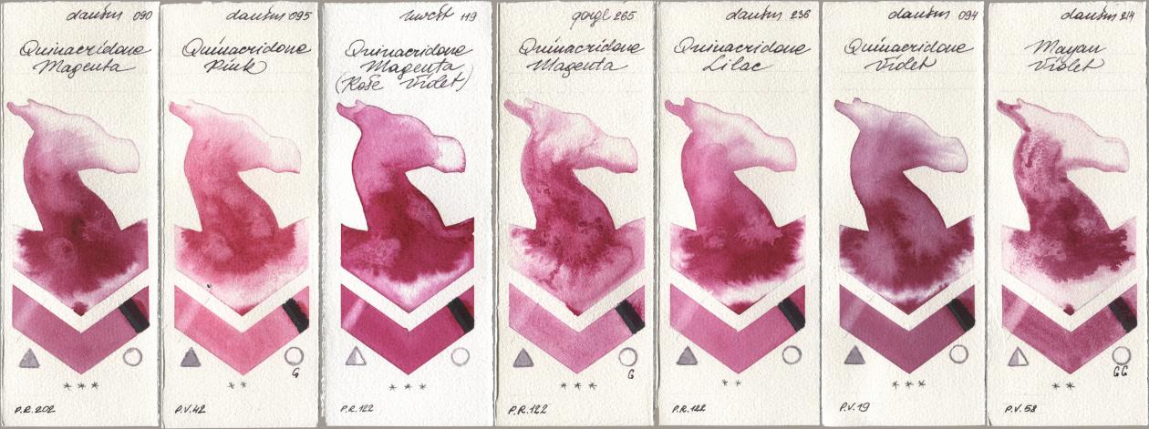 Daniel Smith 090 Quinacridone Magenta, 095 Quinacridone Pink, Holbein Artists Watercolor 119 Quinacridone Magenta (Rose Violet), Golden QOR 265 Quinacridone Magenta, 236 Quinacridone Lilac, 094 Quinacridone Violet, 214 Mayan Viol watercolor swatch
