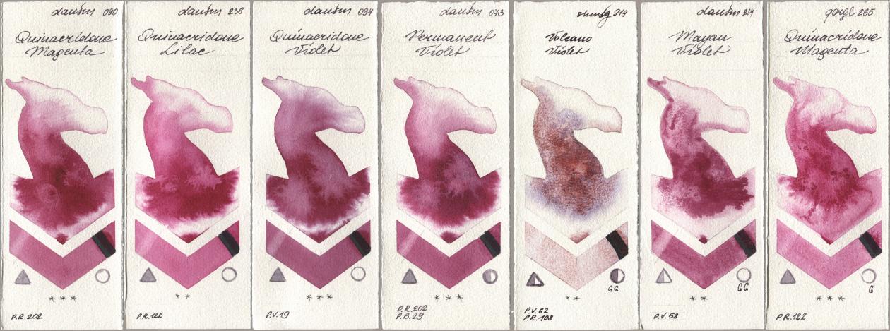 Daniel Smith 090 Quinacridone Magenta, 236 Quinacridone Lilac, 094 Quinacridone Violet, 073 Permanent Violet, Shminke Horadam Aquarell 914 Volcano Violet, 214 Mayan Violet, Golden QOR 265 Quinacridone Magen watercolor swatch