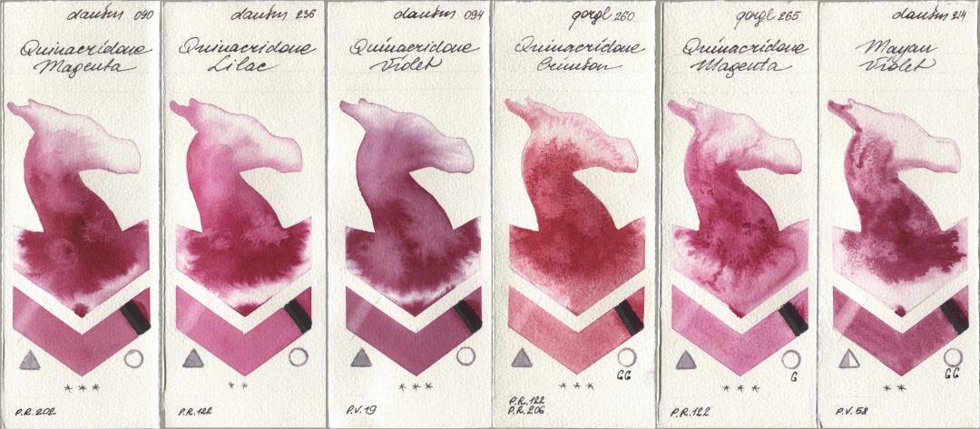 Daniel Smith 090 Quinacridone Magenta, 236 Quinacridone Lilac, 094 Quinacridone Violet, Golden QOR 260 Quinacridone Crimson, 265 Quinacridone Magenta, 214 Mayan Viol watercolor swatch