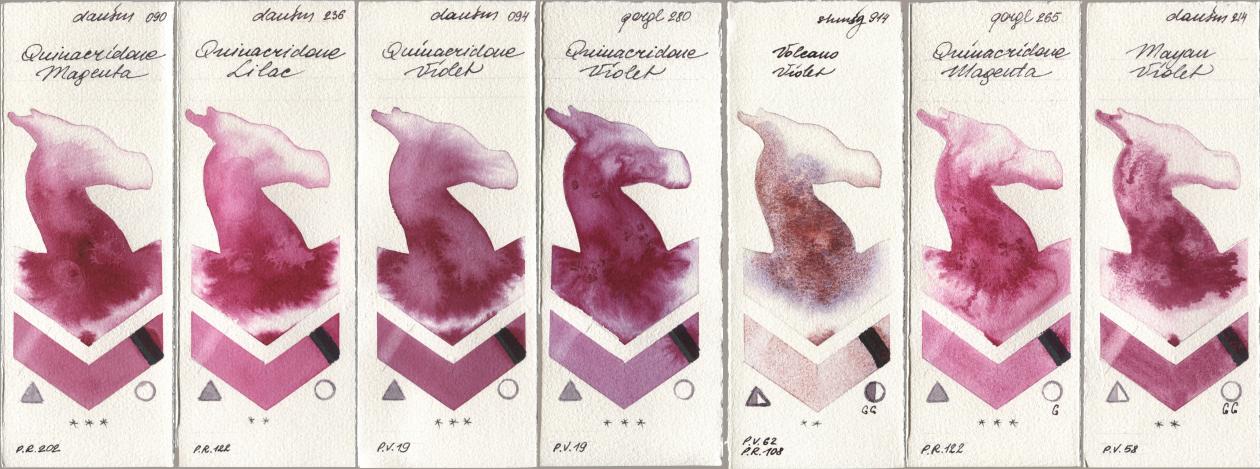 Daniel Smith 090 Quinacridone Magenta, 236 Quinacridone Lilac, 094 Quinacridone Violet, Golden QOR 280 Quinacridone Violet, Shminke Horadam Aquarell 914 Volcano Violet, 265 Quinacridone Magenta, 214 Mayan Viol watercolor swatch