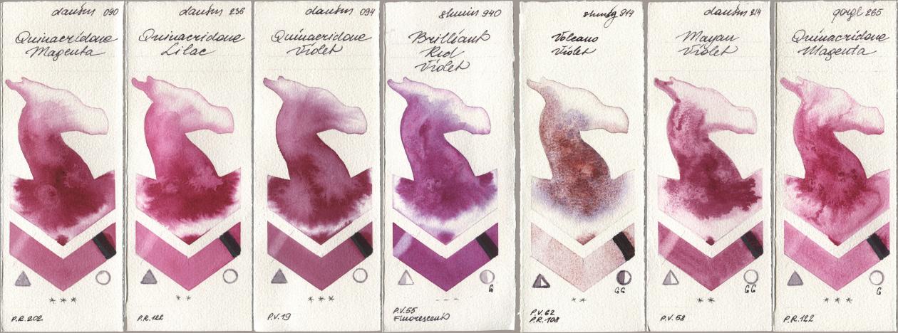 Daniel Smith 090 Quinacridone Magenta, 236 Quinacridone Lilac, 094 Quinacridone Violet, Shminke Horadam Aquarell 940 Brilliant Red Violet, 914 Volcano Violet, 214 Mayan Violet, Golden QOR 265 Quinacridone Magen watercolor swatch