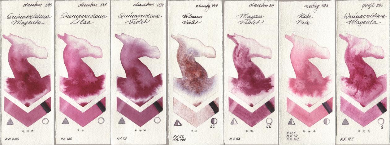 Daniel Smith 090 Quinacridone Magenta, 236 Quinacridone Lilac, 094 Quinacridone Violet, Shminke Horadam Aquarell 914 Volcano Violet, 214 Mayan Violet, Rosa Gallery 793 Rose Pale, Golden QOR 265 Quinacridone Magen watercolor swatch