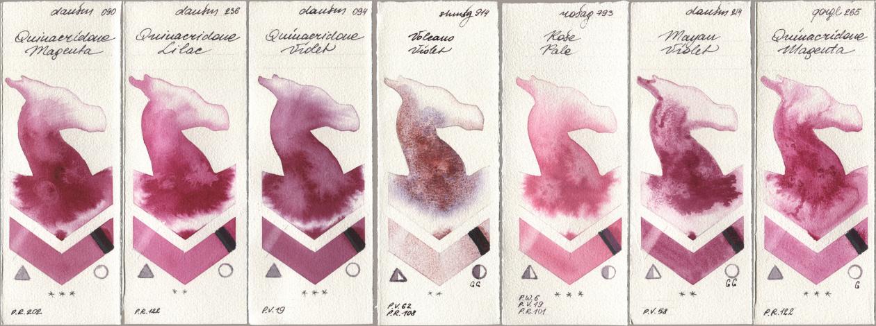 Daniel Smith 090 Quinacridone Magenta, 236 Quinacridone Lilac, 094 Quinacridone Violet, Shminke Horadam Aquarell 914 Volcano Violet, Rosa Gallery 793 Rose Pale, 214 Mayan Violet, Golden QOR 265 Quinacridone Magen watercolor swatch
