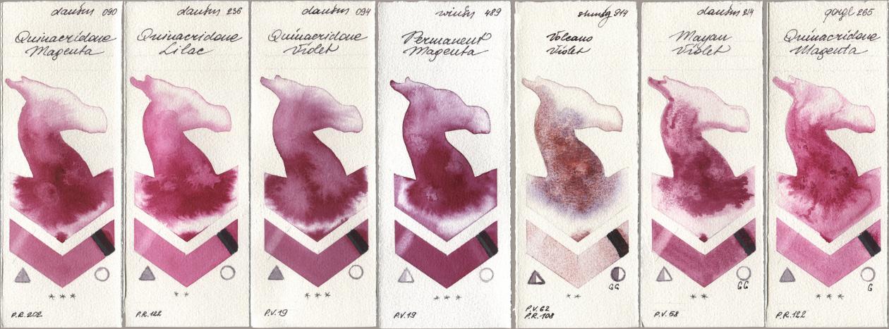 Daniel Smith 090 Quinacridone Magenta, 236 Quinacridone Lilac, 094 Quinacridone Violet, Winsor & Newton Professional 489 Permanent Magenta, Shminke Horadam Aquarell 914 Volcano Violet, 214 Mayan Violet, Golden QOR 265 Quinacridone Magen watercolor swatch