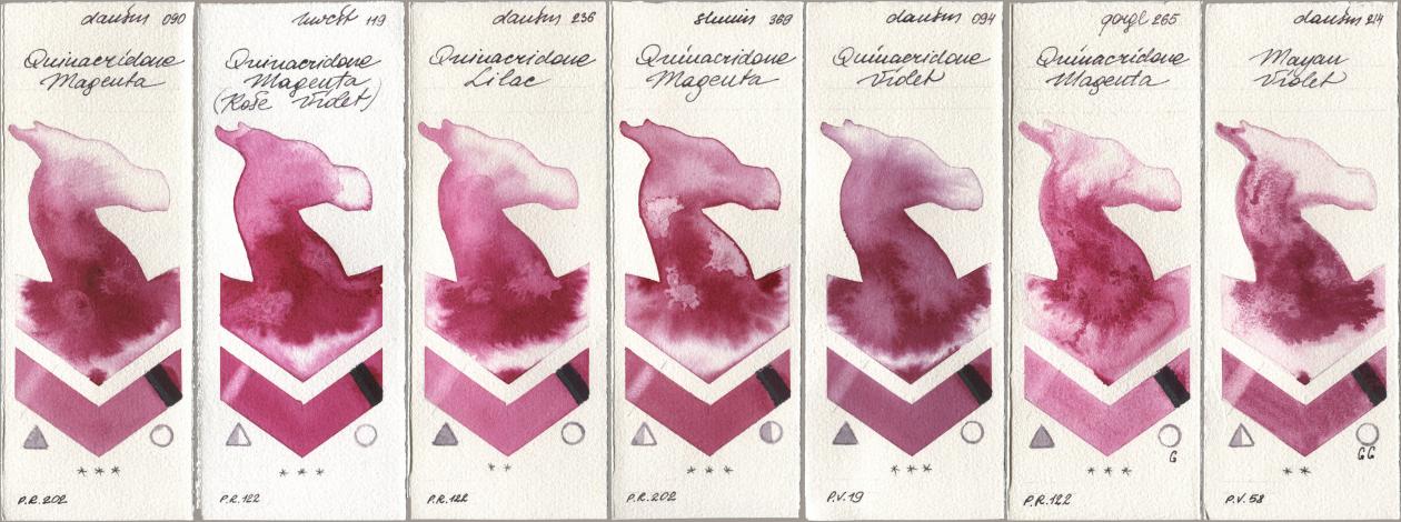 Daniel Smith 090 Quinacridone Magenta, Holbein Artists Watercolor 119 Quinacridone Magenta (Rose Violet), 236 Quinacridone Lilac, Shminke Horadam Aquarell 369 Quinacridone Magenta, 094 Quinacridone Violet, Golden QOR 265 Quinacridone Magenta, 214 Mayan Viol watercolor swatch