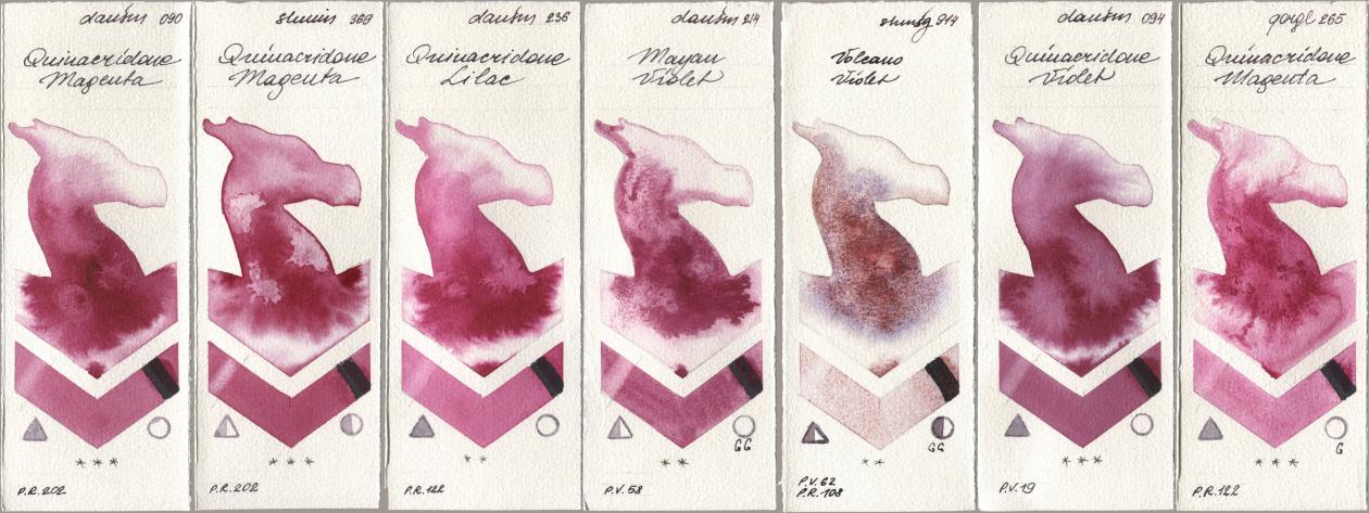 Daniel Smith 090 Quinacridone Magenta, Shminke Horadam Aquarell 369 Quinacridone Magenta, 236 Quinacridone Lilac, 214 Mayan Violet, 914 Volcano Violet, 094 Quinacridone Violet, Golden QOR 265 Quinacridone Magen watercolor swatch